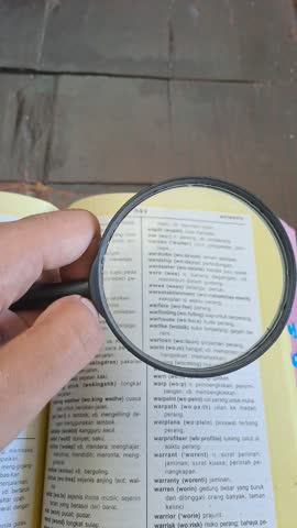 PAMEKASAN, INDONESIA - AUGUST 16, 2025: An Asian hand holds a magnifying glass, searching for the words "wedding" and "war" in an English-Indonesian dictionary. A concept exploring contrasting themes.