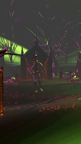 Seamless vertical video animation of a glowing skeleton dancing salsa in a cemetery at night. Funny halloween background with neon flare.