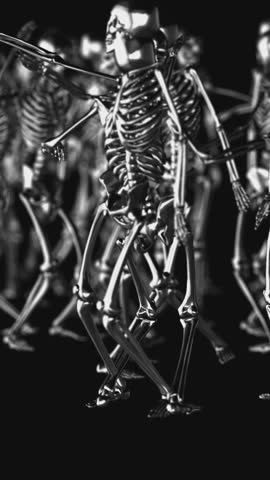 Futuristic Seamless vertical video animation of skeletons. Chrome metal elegant background of dancing skeletons.