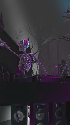 Seamless vertical video animation of a glowing skeleton dancing salsa in a cemetery at night. Funny halloween background with neon flare.