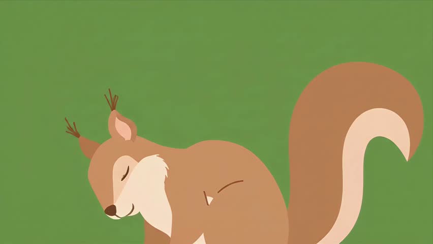 A cute, animated squirrel with a bushy tail is shown eating a nut against a plain green background.
