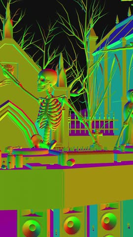 Seamless vertical video animation of a glowing skeletons dancing salsa in a cemetery at night. Funny halloween background with rainbow colors.