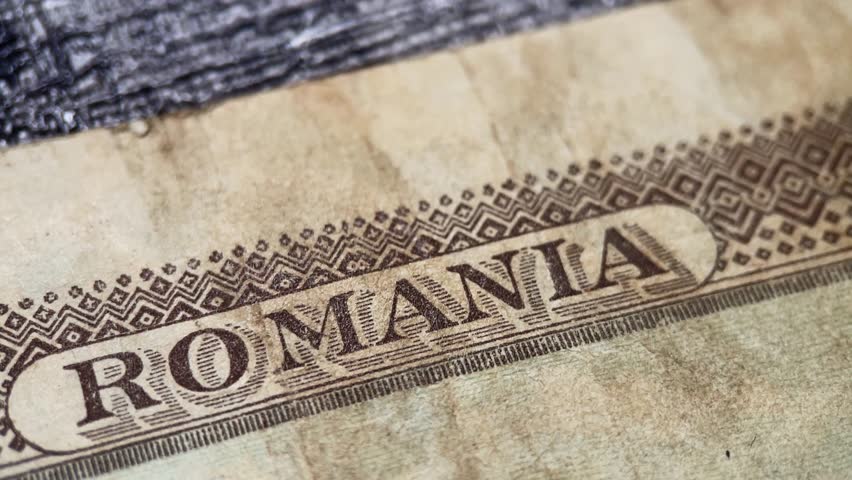 Reverse romanian banknote this grainy image details peles castle in romania reminiscent of an old banknotes reverse.