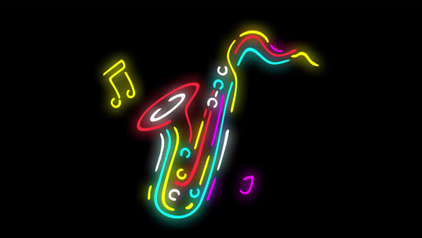 Animated neon saxophone with musical notes on black background. Bright colors, dynamic lines. Simple, stylish animation.