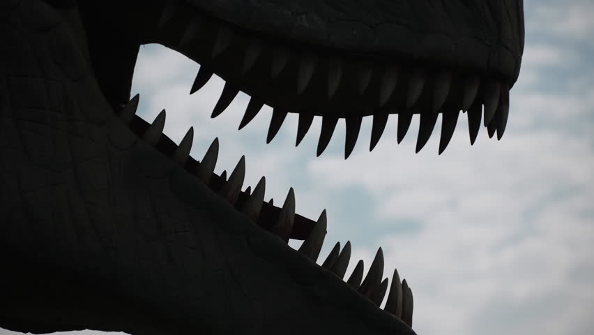 Silhouette of sharp teeth in open mouth of predator model closeup, shaking its head and closing its mouth against sky. Demonstration of fear and danger in nature as entertainment.