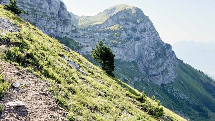 Panoramic view from the base of La Tournette in the French Alps, showcasing rugged mountain peaks, lush alpine greenery, and scenic summer landscape with tranquil natural surroundings