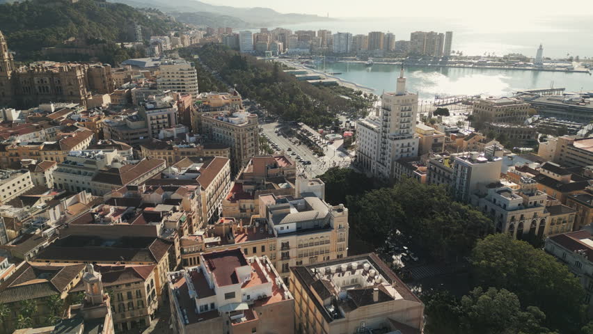 Aerial video of epic panorama of Malaga, a coastal city in Andalusia province, southern Spain