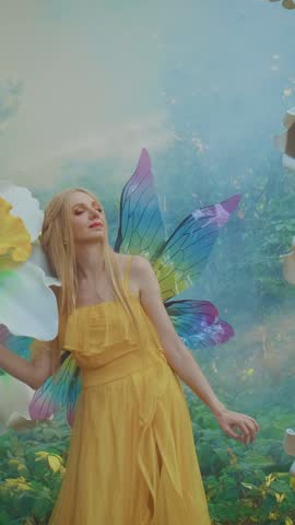 Portrait fantasy woman in fairy costume, bright multi-colored butterfly wings. Elf girl model posing near large artificial narcissus flower, lilies of valley. Background Mystical summer forest in fog