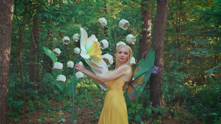 Portrait happy fantasy woman in fairy tale costume butterfly wings. Elf pixie smiling face girl fashion model inhaling floral scent enjoy aroma smell large narcissus flower. green summer forest trees.