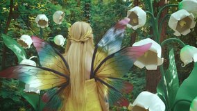 Silhouette Happy fantasy woman forest fairy back rear view. Girl elf princess walks in summer nature green leaves trees. Yellow dress costume butterfly wings. Large flowers white lily of the valley.  - Powered by Shutterstock - Get 15% off with code: PIKWIZARD15