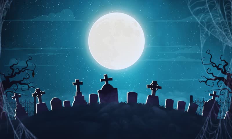 Dark night with glowing full moon showing a scary face above a haunted graveyard, eerie zombies rising, and black crows flying. Perfect horror Halloween background for spooky, creepy, and thriller 