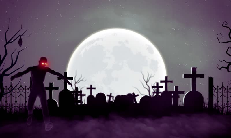 Dark night scene with full moon, eerie graveyard, and scary zombies rising from the ground. Spooky horror background perfect for Halloween, haunted themes, thriller designs, and creepy scene.