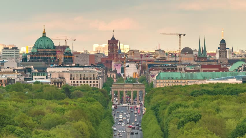 Berlin Germany time lapse high angle view city skyline at Brandenburg Gate and Tier Garden