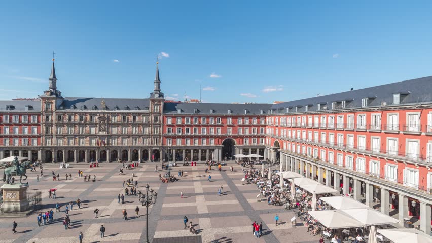 Madrid Spain time lapse high angle view city skyline at Plaza Mayor