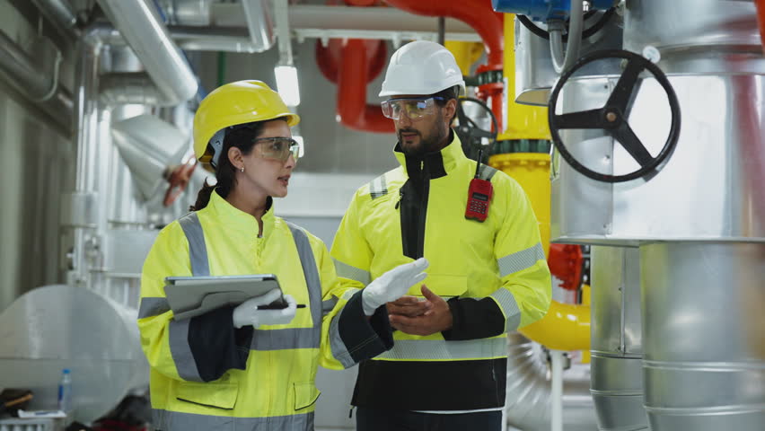 Engineers and plumbers inspect the pipeline infrastructure with a digital tablet, focusing on temperature control in a cooling tower plant.
