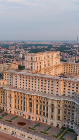 Stunning and breathtaking Aerial View of Bucharests Iconic Palace Parliament beautifully at Dusk. Romania