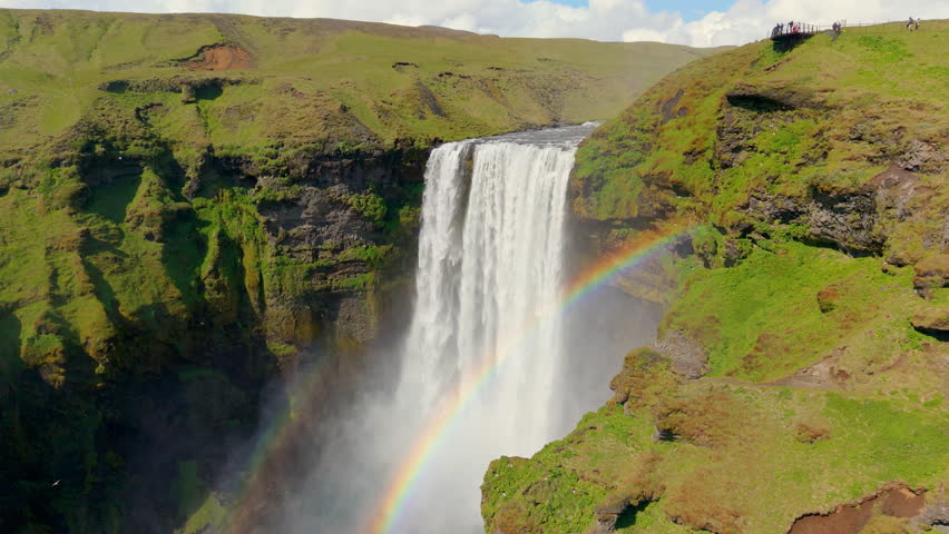 Aerial Skogafoss Waterfall in Iceland, complete with a rainbow view