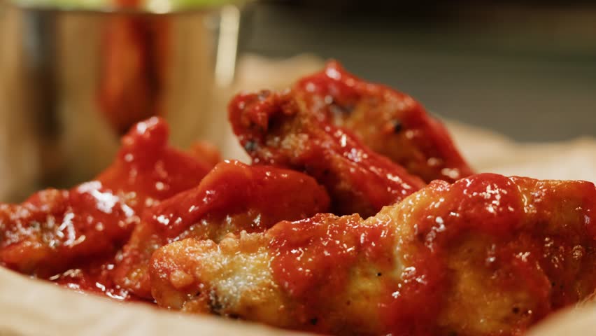 Crispy fried chicken wings cooking pieces sizzling in hot oil inside a deep fryer in a Restaurant, delicious cooking in a restaurant kitchen.
