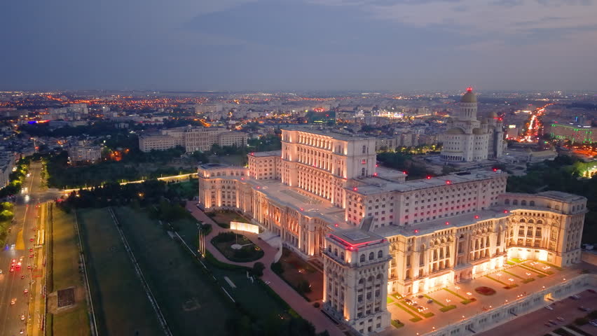 Aerial View of Bucharests Iconic Palace Parliament beautifully at Dusk. Romania