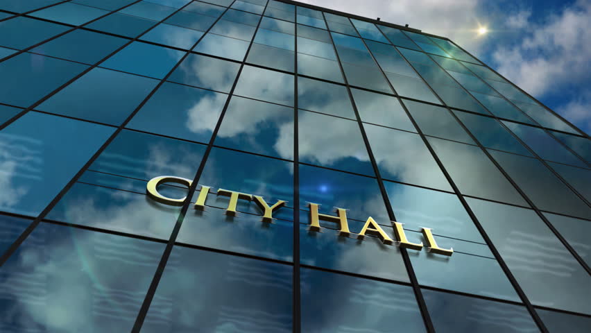 City hall glass building looping time lapse concept. Local government symbol on facade 3d seamless loopable.