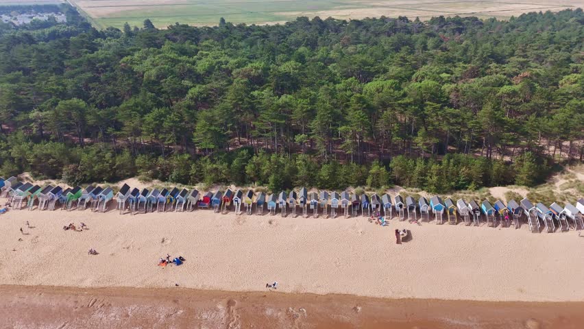 Aerial view looking down on the beach huts at Wells-next-the-Sea on the Norfolk coastline.