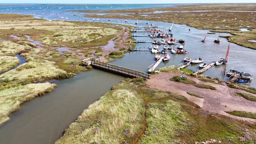 An aerial view of the marshes and edge of the sea at Morston on the North Norfolk coastline on 14 August 2025.