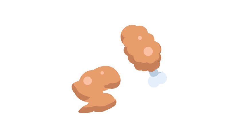 Animated icon of two fried chicken pieces. Flat style, light background. Simple, appetizing design ideal for food apps or websites. Light orange chicken, light blue bone.