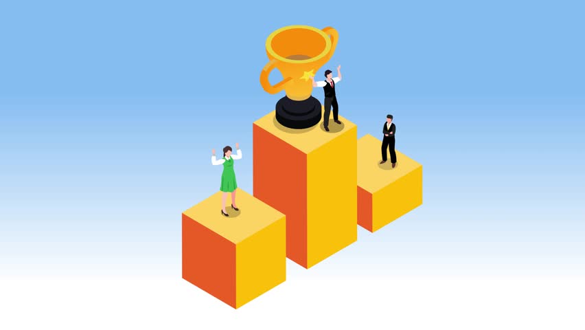 three people standing on a tiered podium, with the winner at the top next to a golden trophy 3d animation cartoon