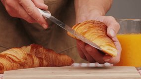  Croissant with jamon ham, Salmon, in Modern Cafe, Top View of Healthy Breakfast in Cafe. English breakfast: fried egg, bacon toast on sandwich. - Powered by Shutterstock - Get 15% off with code: PIKWIZARD15