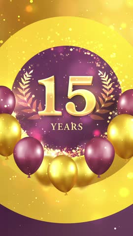 4K Gold Glitter Celebrating 15 Years Theme Background Vertical Video with Purple and Gold Balloons