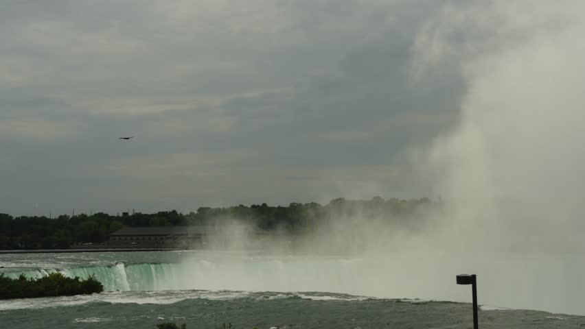 Wide establishing shots of the iconic Niagara Falls on the Canadian side. The footage captures the forceful flow of Horseshoe Falls surrounded by rising mist,
