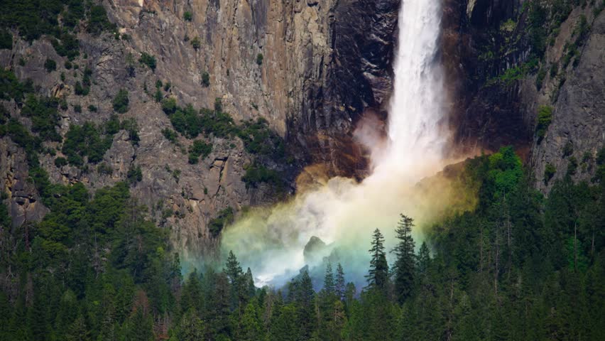 Close up of rainbow in mist base of Bridalveil Fall in Yosemite National Park.