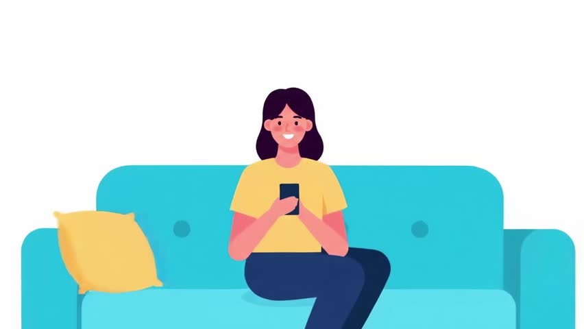 Flat Design Minimalist Animation of Woman Shopping on Smartphone in Living Room