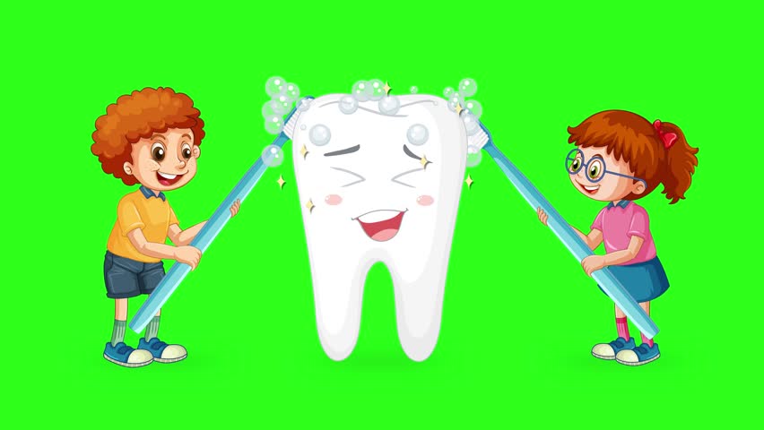 Two animated children clean a smiling cartoon tooth using oversized toothbrushes, creating foam and bubbles on a bright green background with playful, energetic movement