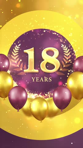4K Gold Glitter Celebrating 18 Years Theme Background Vertical Video with Purple and Gold Balloons