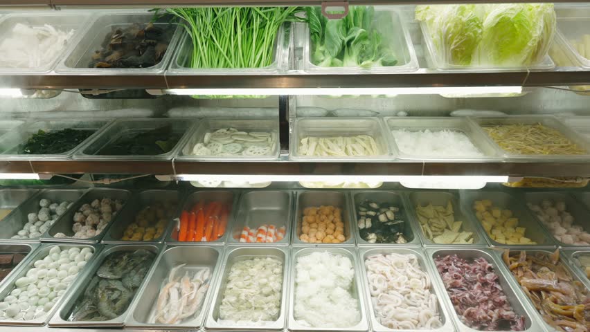 Supermarket Malatang Buffet with Fresh Vegetables, Noodles, and Seafood for Hot Pot Cooking with cold steam smoke