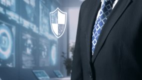 A professional businessman in a suit stands amidst a high-tech office setting, interacting with a digital interface showcasing cybersecurity concepts and protections. Qubit - Powered by Shutterstock - Get 15% off with code: PIKWIZARD15