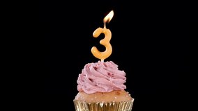 A pink frosted cupcake with a number three candle is shown as the candle flame is blown out, leaving smoke against a black background - Powered by Shutterstock - Get 15% off with code: PIKWIZARD15