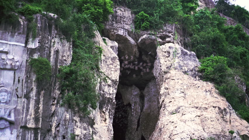 Hundreds of bats exit a narrow limestone cave opening in Laos at dusk, swarming upward