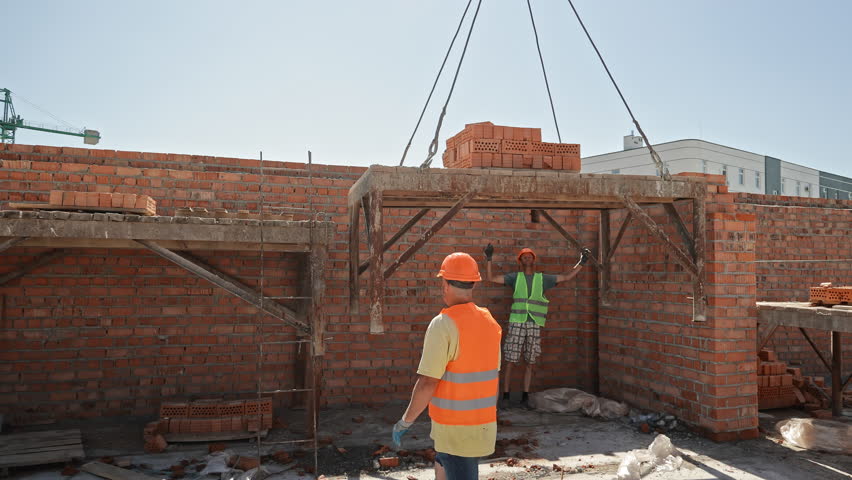 Construction workers guiding brick pallet with crane. Two workers in safety vests and helmets direct a suspended pallet of bricks being lowered by crane at a brick building site.