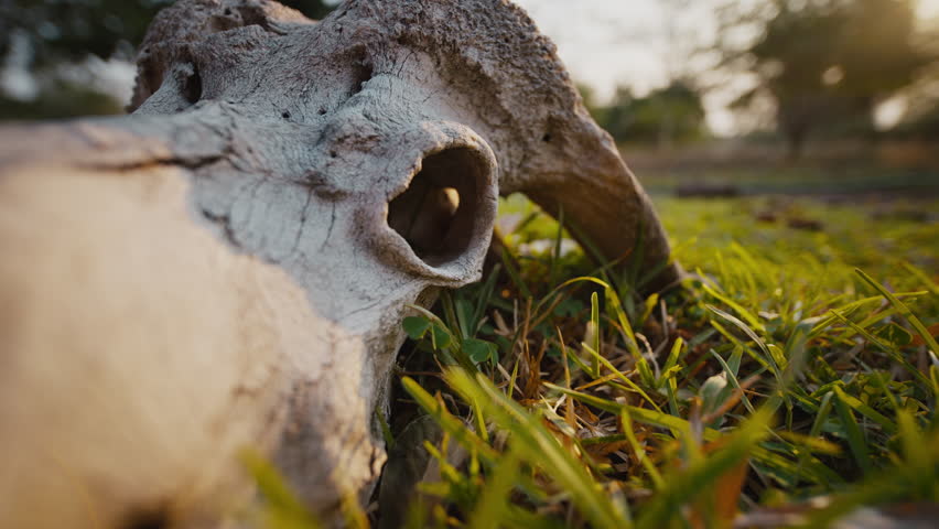 Close up of buffalo horns and skull lying in the grass, remains of a dead carcass. Raw and detailed view of wilderness part 01