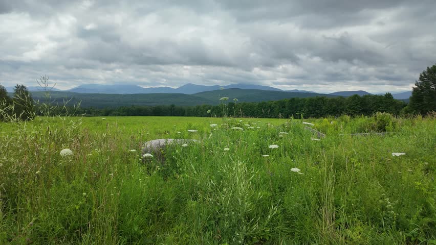 Time lapse from ground level on a dark cloudy day from Route 86 near Saranac Lake New York looking toward the High Peaks of the Adirondack Mountains with clouds moving fast and field in the foreground