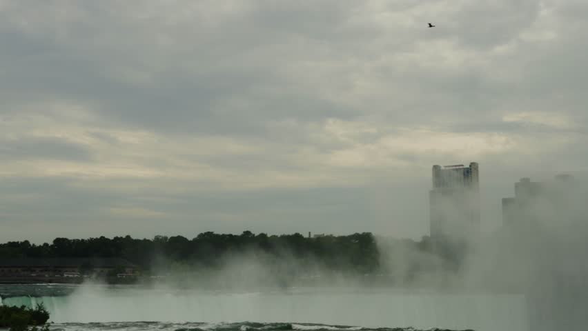 Close-up and panoramic shots of Niagara Falls capturing the powerful flow of water as it reaches the brink and cascades into mist below. Urban skyline and nature blend in the background.