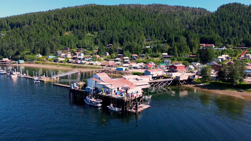 aerial pan of fishing village at Hoonah Alaska