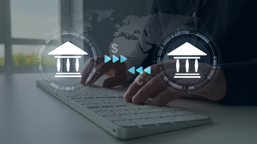 Banks financial transfer money. Bank transfer concept, showing currency connected global financial transactions.Online banking operations and interbank digital payment. - Powered by Shutterstock - Get 15% off with code: PIKWIZARD15
