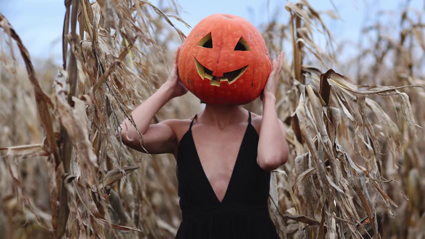 Woman in spooky carved Halloween pumpkin head and long dark dress stands at autumn dry corn field, camera moves. Jack Lantern. Trick o treat. Creepy carnival costume for celebration mystical party