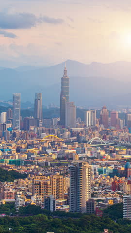 Vertical. Cityscapse and traffic in Taipei, Taiwan. Aerial view cityscape at sunset.