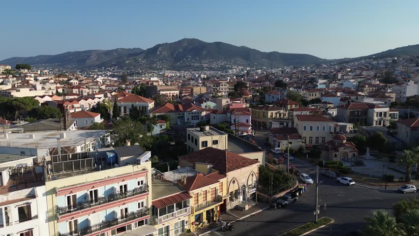 Mytilene, Island Lesvos, Greece - July 17th, 2025 - footage of the capital of the island, landmarks, churches, mountains around, port, castle, old town and coastline beaches