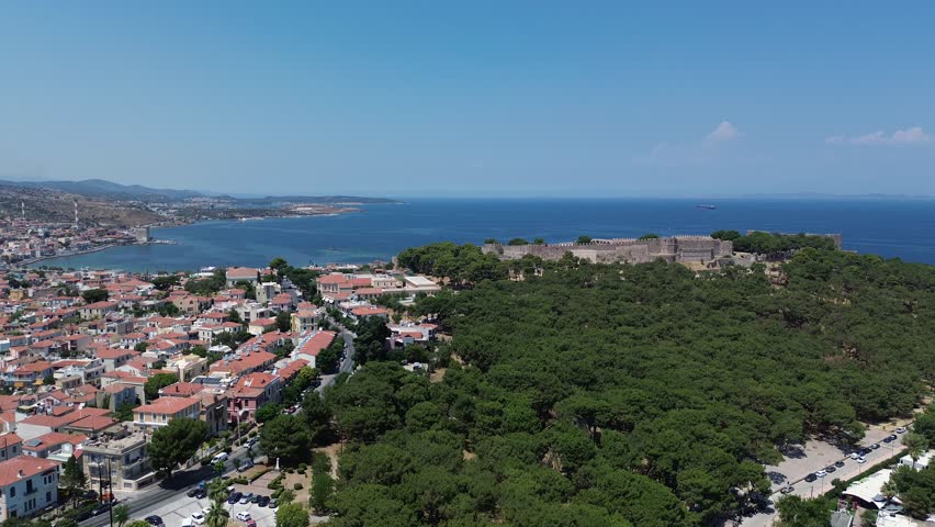 Mytilene, Island Lesvos, Greece - July 18th, 2025 - footage of the capital of the island, landmarks, statue of liberty, churches, mountains around, port, castle, old town and coastline beaches