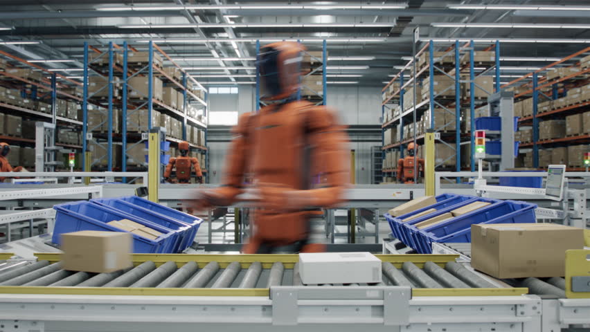 Time-lapse of Autonomous AI-Enabled Humanoid Robot Works at Fulfillment Center, Moving and Sorting Packages. Human Like Robots Work in Industrial Environment. Automated Warehouse or Logistics Center.